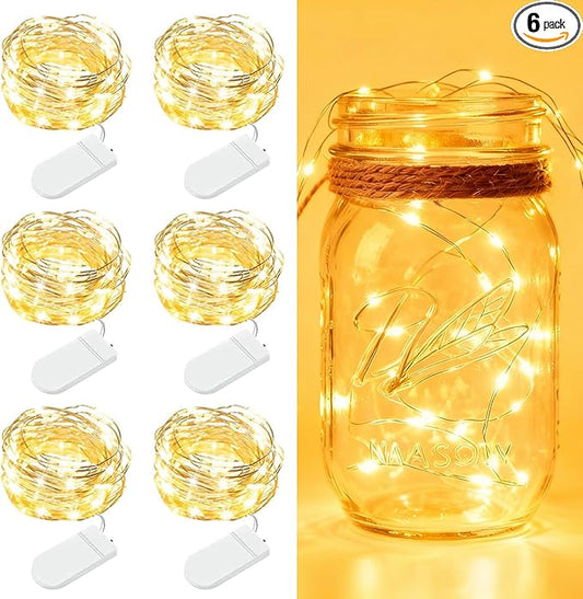 6 Pack Fairy Lights Battery Operated - 7ft 20 LED Twinkle Lights Copper Wire Mini String Lights Firefly Lights for Mason Jars DIY Crafts Christmas Wedding Party Centerpiece Table Decor, Warm White