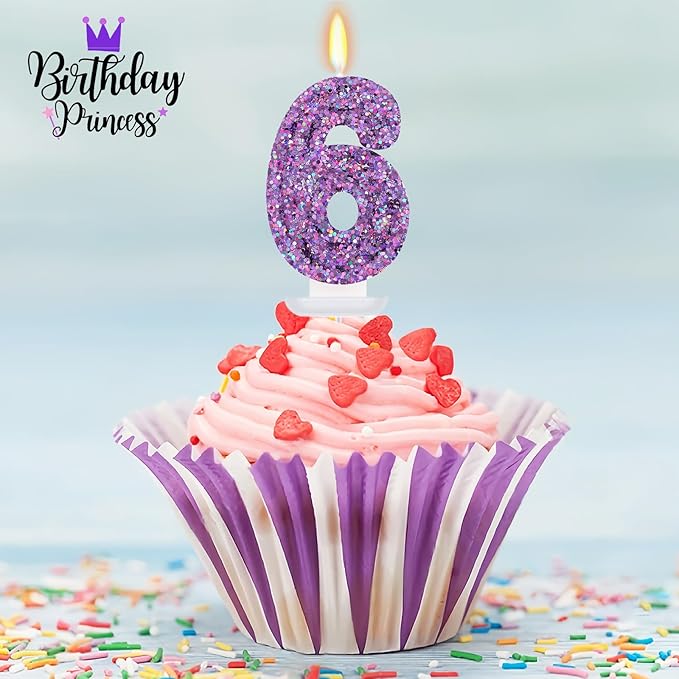 Deep Purple Glitter Birthday Candles for Girls - Number 6 Candle Cake Topper for Purple Fairy Birthday Party Decorations