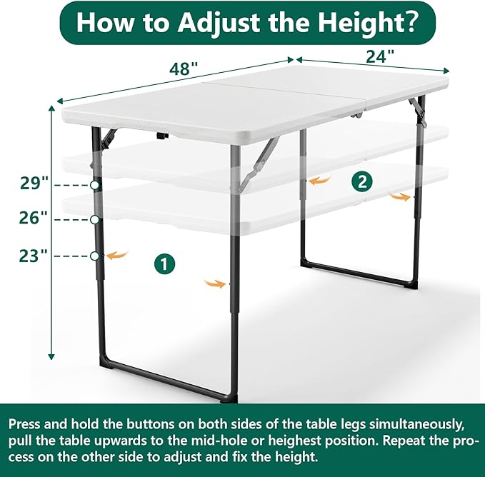 4ft Folding Table with Adjustable Height, Heavy Duty Fold-in-Half Plastic Table with Steel Legs, Portable for Indoor, Outdoor, Picnic, Camping, Dining, Party, White
