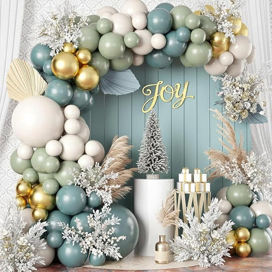 Dusty Sage Green Blue Gold Balloon Garland Kit, 107 PCS Pastel Olive Green Slate Blue Beige Metallic Gold Balloon Arch Kit for Women Men Boho Birthday Wedding Baby Bridal Shower Party Decorations