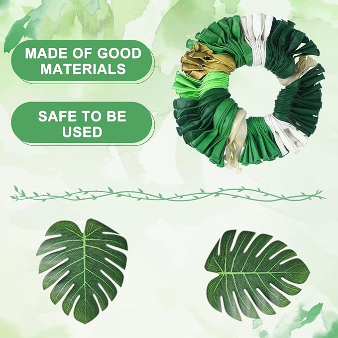 Amandir 163Pcs Jungle Party Balloons Garland Arch Kit, Gold Green Balloons Dinosaur Party Decoration with Palm Leaves for Safari Animal Wild One Birthday Baby Shower St Patricks Day Party Supplies