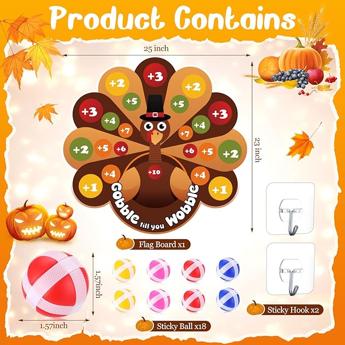 Seenelling Thanksgiving Party Games Turkey Dart Board with 12 Sticky Balls Fall Festival Games for Family Thanksgiving Gift and Activities Party Favors Decor Supplies, 24 x 23 inch