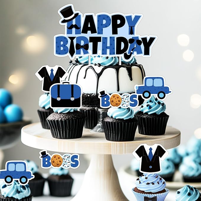 Boss Theme Cake Topper Blue Black Happy Birthday Boss Cake Toppers Boss Boy Baby Cupcake Toppers Boss Day Cake Decorations for Boys Baby Shower Gender Reveal Party 1st 2nd 3rd Birthday Party Supplies