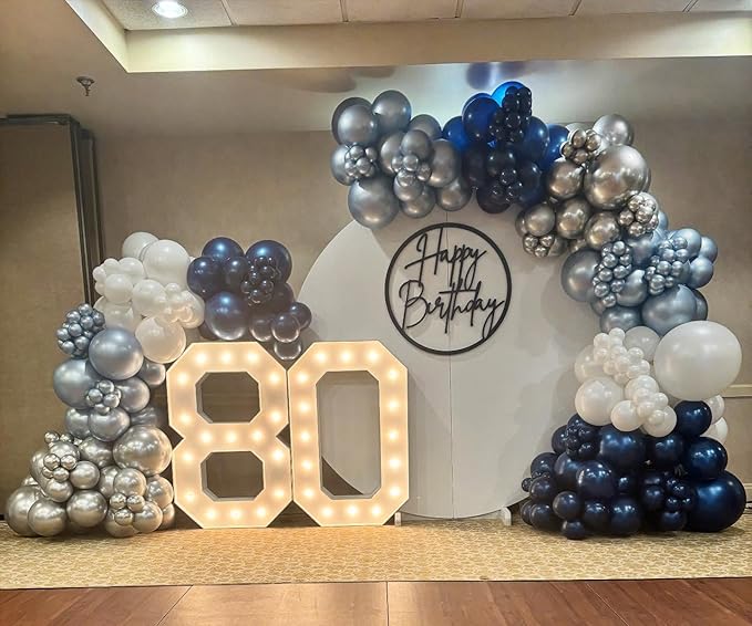 Blue Balloon Arch Kit, 102pcs Navy Blue Silver Blue Metallic Blue Difference Sizes Latex Balloons with 16ft Tape Strip & Dot Glue for Baby Shower, Birthday, Graduation Decoration