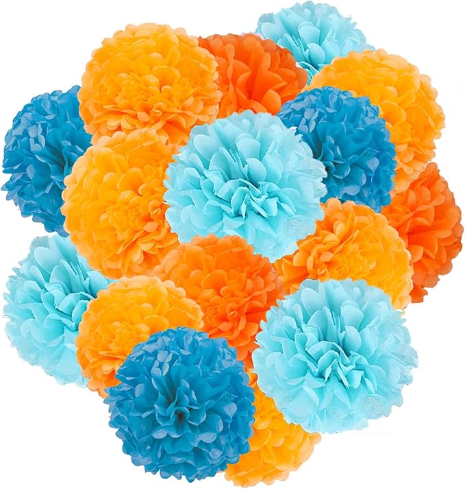Capesaro Blue and Orange 12PCS Paper Pom Poms Party Decorations for Girl Birthday College Graduation Decoration, Hanging Decor Tissue Paper Flowers