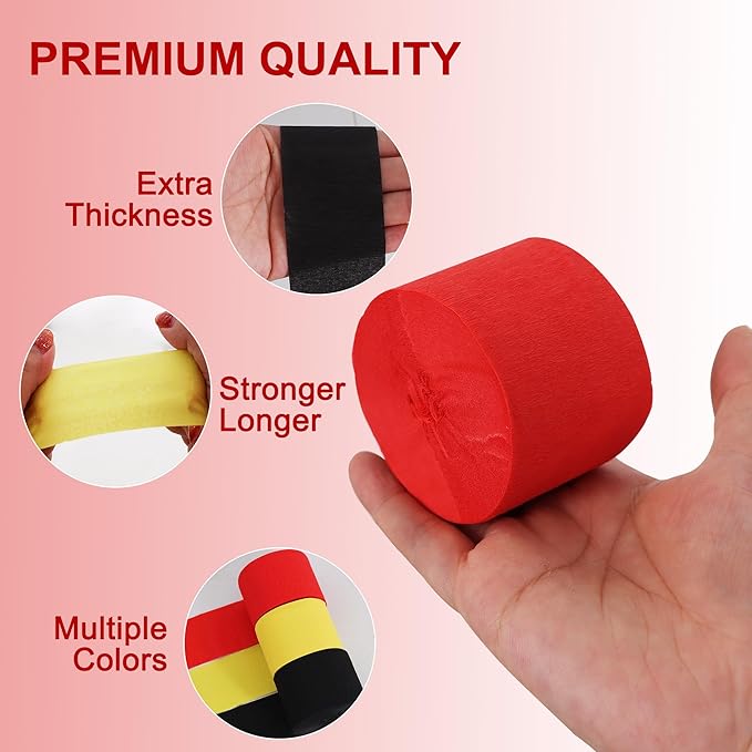 BEISHIDA 6 Rolls Red Yellow and Black Crepe Paper Streamers for Mouse Theme Graduation Halloween Birthday Party Decorations Decor DIY Craft Paper (1.8 Inch x 82 Ft/Roll)