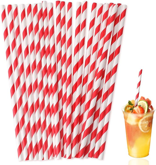 100 Pieces Disposable Red Striped Paper Straws,Party Decorative Straw Cocktail Drinking Straws Bulk for Drinking Crafts Birthday Wedding Party Decorations Supplies