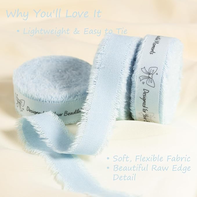 Baby Blue Cotton Ribbon 5/8 Inch Baby Blue 3 Rolls 21 Yards Frayed Edge Fabric Set for Baby Shower, Wedding Invitations, Nursery Decor, Christening & First Birthday Party