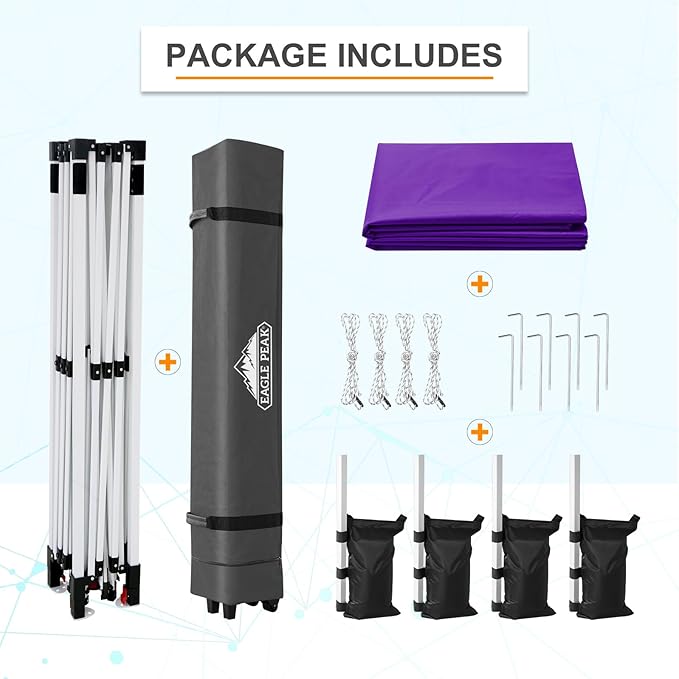 EAGLE PEAK Pop Up Canopy Tent with Wheeled Carry Bag, 8 Stakes, 4 Ropes, 4 Weight Bags, Easy Set Up Tent Canopy, 12x12 ft, 144sqft of Shade, Purple