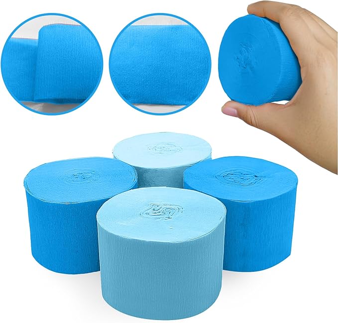 4 Crepe Paper Streamers Rolls, 328ft Pack of Blue and Light Blue Crepe Paper for Birthday Wedding Baby Bridal Shower Decorations Christmas Craft Supplies (1.8 inch x 82 ft/Roll)