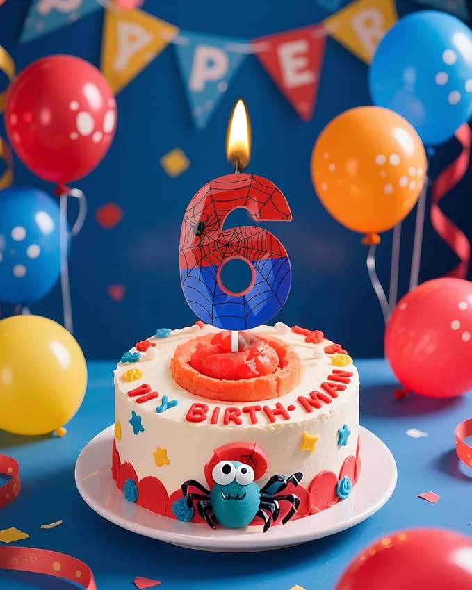 Number 6 Spider Themed Birthday Candle, 2.68 Inch Red Blue Spider Birthday Candles, Number Candles Birthday Cake Toppers Web Candles for Boy Girl Spider Party Decoration Supplies Halloween Party