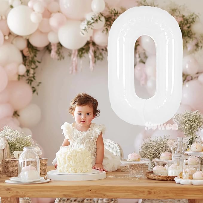 SUWEN 40 Inch White Large 0 Balloon Number Big Foil Helium Number Balloons 0-9 Giant Jumbo Happy 0th Birthday Party Decorations for Boy or Girl Huge Mylar Anniversary Party Supplies