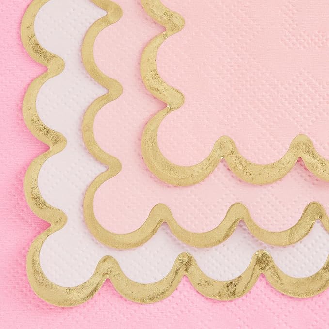 Sparkle and Bash Pink Cocktail Napkins - 5 x 5 In, 100 Count, 3-Ply Scalloped, Pink & Gold - Napkins for Baby Girl & Bridal Showers & Birthday Parties
