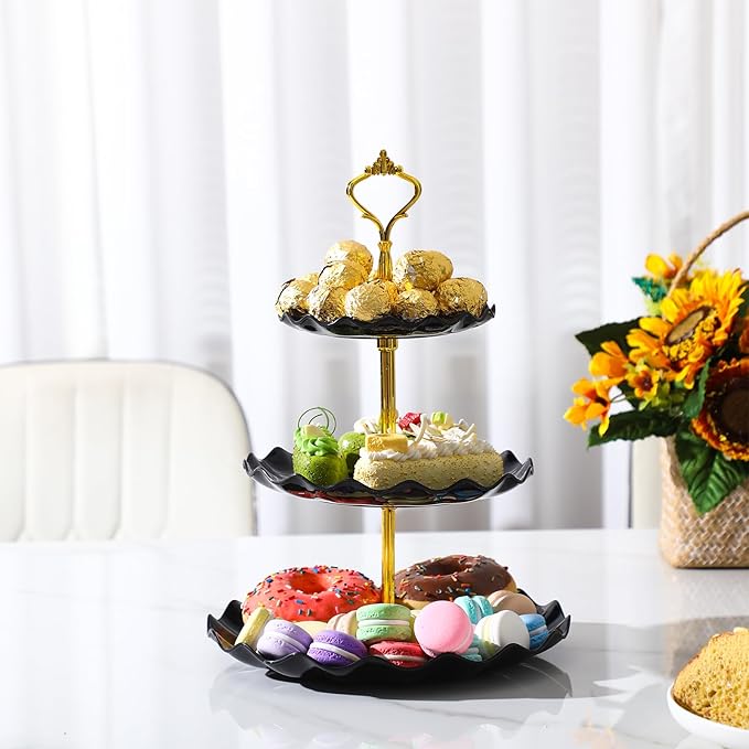 Patelai 8 Packs 3 Tier Cupcake Stand Holder Plastic Cake Serving Display Stand Tower Donuts Cookie Dessert Tray Holder Wave Shape with Gold Rod for Wedding Birthday Baby Shower Tea Party(Black)