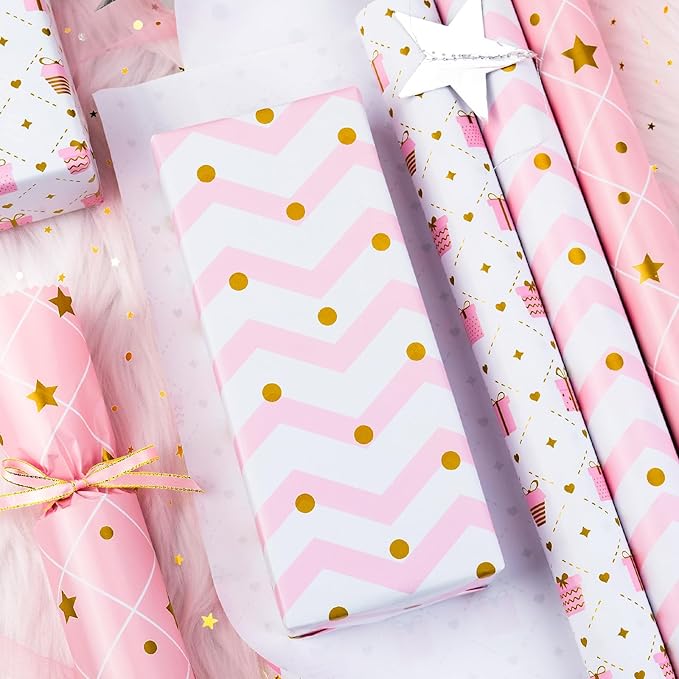MAYPLUSS Pink Wrapping Paper Roll, Birthday Wrapping Paper for Girl, Pastel Pink Girly Gift Wrap Paper for Valentines Day, Christmas, Wedding, Baby Shower (Mini Roll, 17 inch x 120 inch Per Roll)