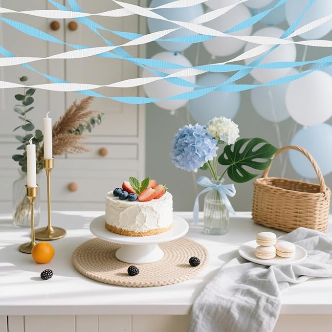 4 Crepe Paper Streamers Rolls, 328ft Pack of Blue and White Crepe Paper for Boys Birthday Bachelorette Party Bridal Baby Shower Winter Holiday Party Decorations Supplies (1.8 inch x 82 ft/Roll)