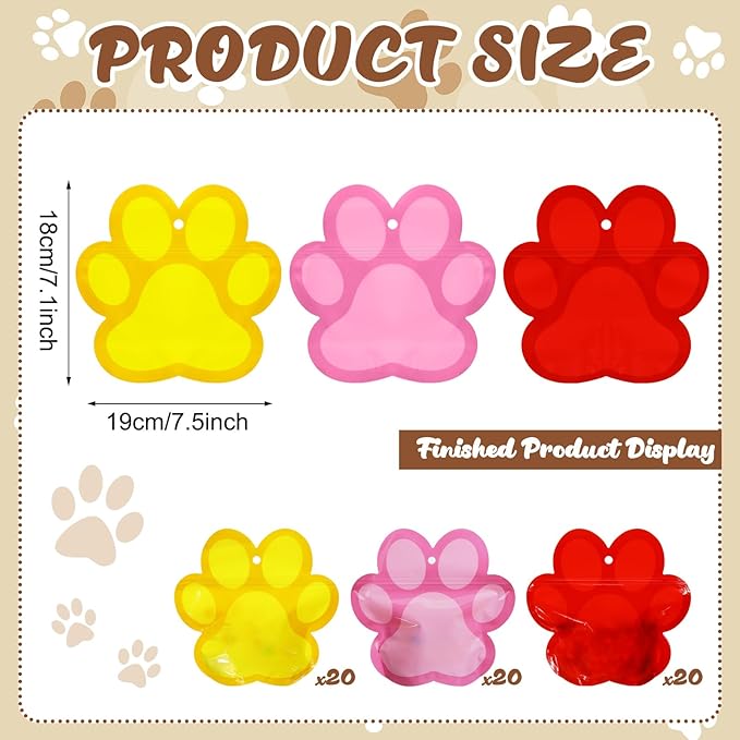 Resurhang 60 Pcs Dog Paw Zipper Treat Bags Red Pink Yellow Food Goodie Gifts Bags Resealable Puppy Themed Party Snack Candy Containers for Kids Birthday Baby Shower Pet Dog Supplies