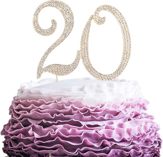 20 Years Birthday Cake Topper - New Best Crystal Rhinestone 20th Wedding Anniversary Or 20 Years Old Cake Topper Party Decoration Gold