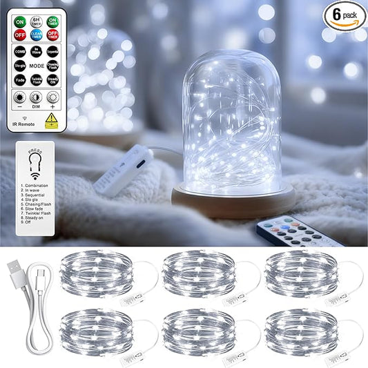 ZSJWL 6 Pack Rechargeable Fairy Lights with Remote & DIY Timer, 7Ft 20LED Mini Battery String Light, Twinkle Silver Copper Wire Lights for Wedding Party Bedroom Christmas Table Decoration (White)