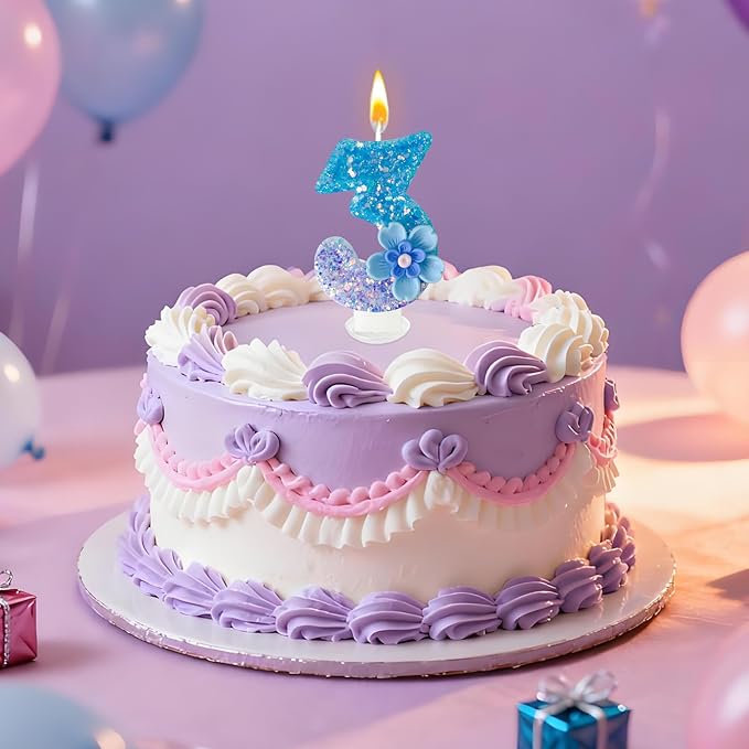 Blue Purple Flower Birthday Number Candles, Flower Theme Party Decorations, Cupcake Decorations, Suitable for Party Celebrations, Boys and Girls Birthday Decorations（3）