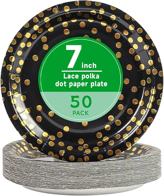 Stylish Paper Plates 50 Count,Eco Compostable Plates,7" Small Paper Plates,Foil Polka Dots Black Disposable Plates for Daily Use,Party,Easter, Birthday,Wedding