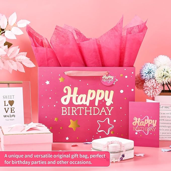 Powbrace 16" Pink Happy Birthday Gift Bag with Tissue Paper and Greeting Card for Party,Happy Birthday Gift Bag for Men Women,Gift Bags Extra Large(2 PCS Pink Hot Stamping)