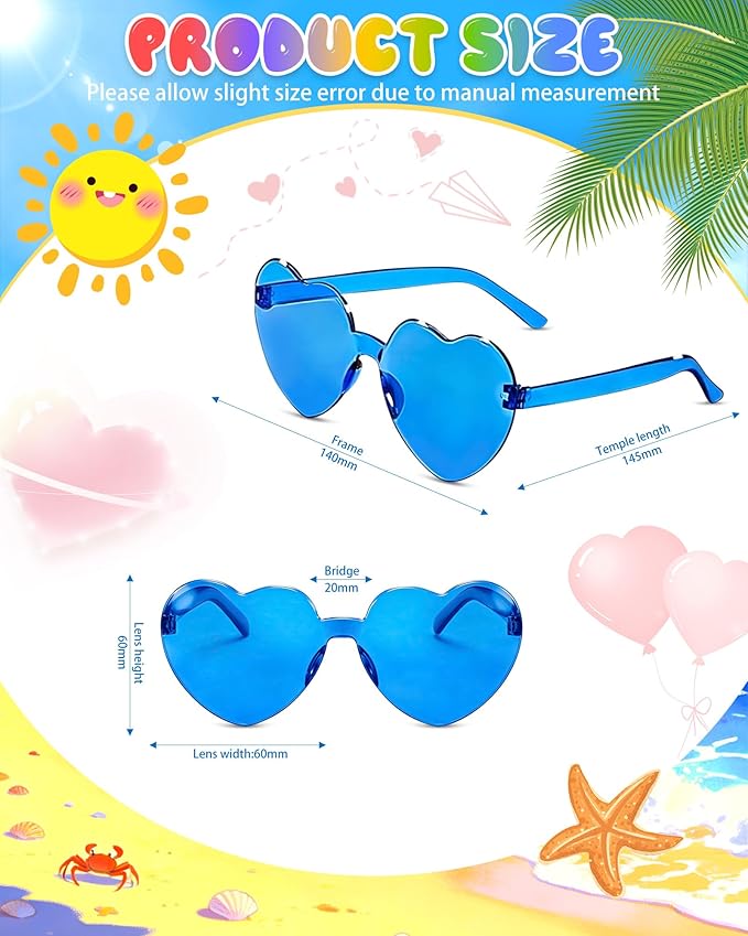 12 Pairs Heart Shaped Sunglasses Candy Color Rimless Fun Heart Glasses for Women Party Favors
