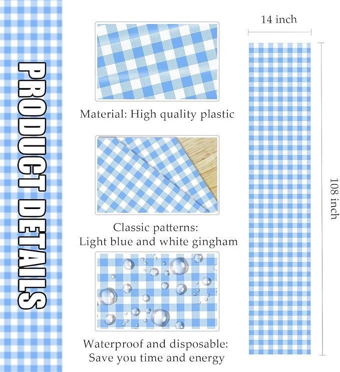 12 Pcs Light Blue and White Checkered Table Runner Plastic 14 x 108 Disposable Baby Blue Gingham Table Runner for Birthday Wedding Baby Shower Party Table Centerpiece Decorations