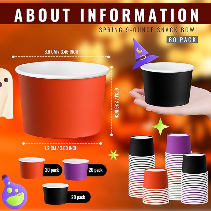 Jingmore Paper Ice Cream Cups 9oz Colored Disposable Dessert Bowls for Hot or Cold Party Food Cups for Birthday Baby Shower Easter Party Supplies(Halloween Color,60 Pcs)