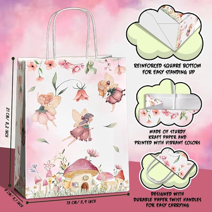24 Pcs Fairy Party Favor Bags with Handles, Woodland Mushroom Goodie Gift Candy Treat Paper Bags for Kids Girls Baby Shower Birthday Party