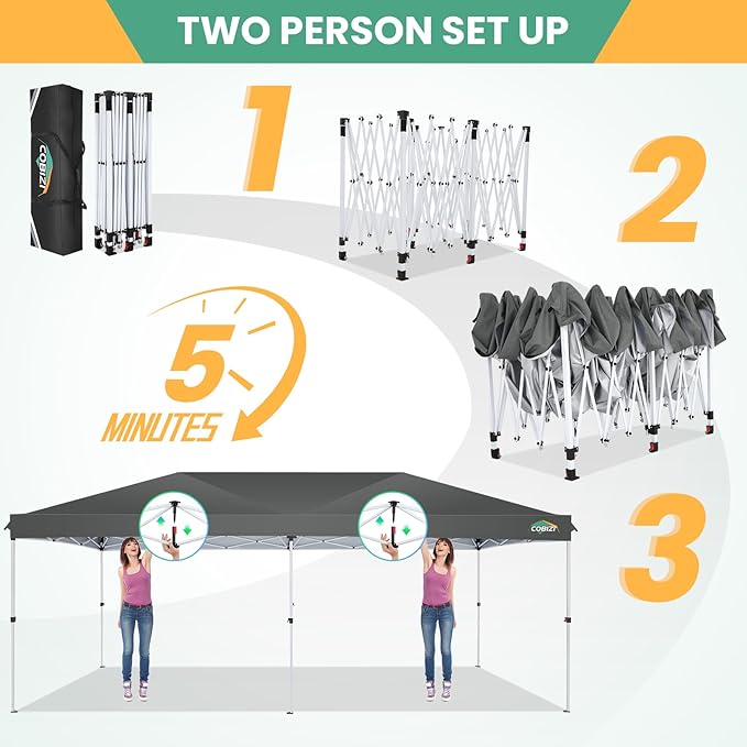 COBIZI 10x20 Pop Up Canopy Tent, One Push Easy Up Gazebo with 6 Removable Sidewalls & Air Vent, Waterproof UV50+ Commercial Canopy with 4 Sandbags, Stakes & Ropes for Parties/Wedding/Backyard,Gray