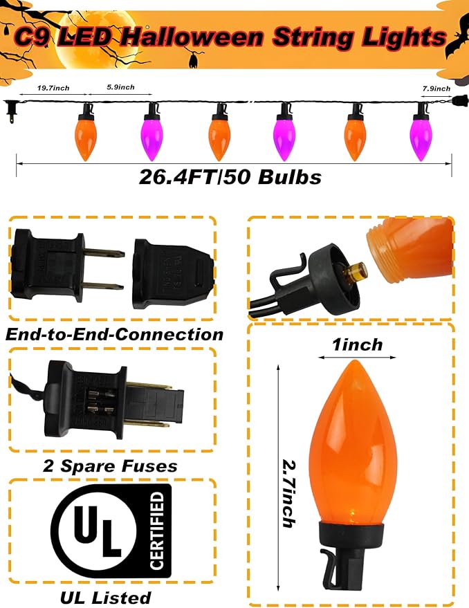 C9 Halloween String Lights Outdoor, 26.4Ft C9 Halloween Decorations with 50 LED Orange and Purple Lights, Extendable Hanging Plug in Christmas Night Lights for Party, Patio, Outside Yard, House Decor