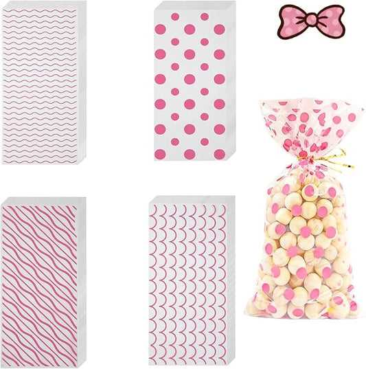 EatnMgan 200Pcs Cellophane Treat Bags,10.8 x 4.9Inch Plastic Candy Bags,Cellophane Bags,Goodie Candy with 220Pcs Twist Ties for Valentine, Birthday, Gift Cookie Snack Packing Party Favor Supplies (Pink)