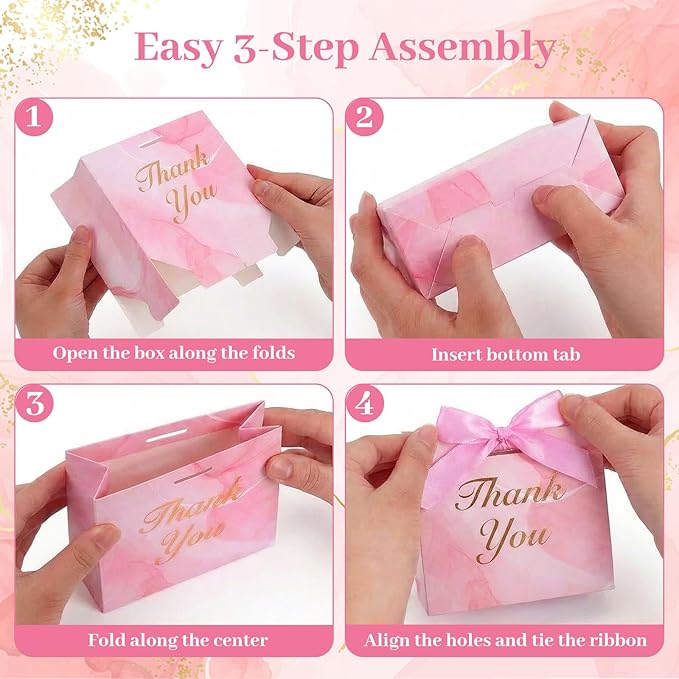 VGOODALL 24PCS Thank You Gift Bags, 4.5x3.9x1.8Inches Mini Party Favor Bags Pink Treat Boxes with Bow Ribbon for Wedding Bridal Baby Shower Birthday Party