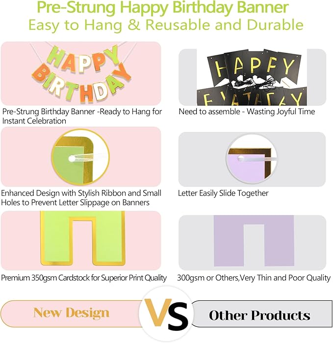 Happy Birthday Banner - 9ft Pre-Strung Happy Birthday Sign for Women, Men, Girls, Boys - No DIY Birthday Decorations & Party Supplies(Tri-Color)