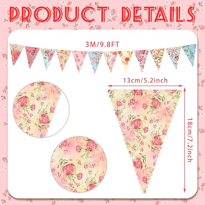 Funtery 5 Pcs Retro Bright Floral Paper Garland Chic Tea Party Decorations Wildflower Garland Floral Triangle Banner for Wedding Birthday Parties Festivals Home Outdoor Hanging Decorations