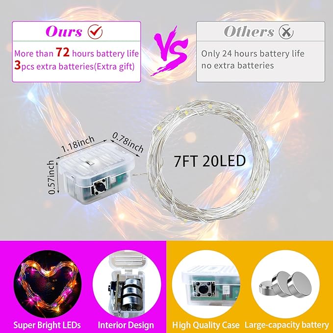 50 Pack Fairy Lights 7Ft 20 LED Twinkle String Lights Battery Operated Waterproof Firefly Starry for Mason Jar Party Wedding Christmas Valentines Day,Orange&Purple