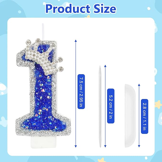 Blue Birthday Candle Crown Number 1 Candle with Sequins 1st Cake Candles Cupcake Decorations Party Decor for Anniversary Celebrations Supplies