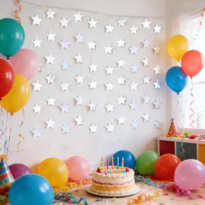 Metallic Silver Iridescent-Star-Garland 90FT – 240 Pcs Sparkling Star Streamers – Hanging Glitter Star Banner Backdrop for Birthday, Baby Shower, Wedding, Christmas Party Decorations (6 Packs)
