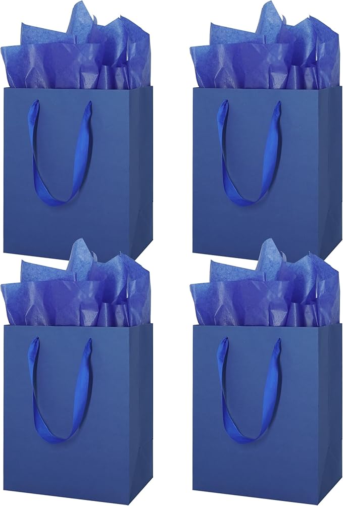 MOXARYSU 4 Pcs Medium Blue Gift Bags: 8x5x10 Inches Gift bags With Handles Party Favor Bags With 8 Tissue Paper For Party,Birthday,Baby Shower,Wedding（Blue）
