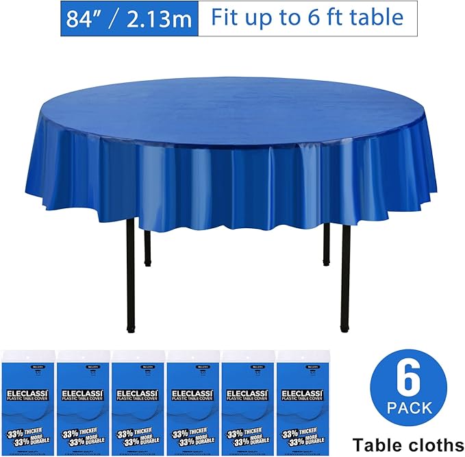 Eleclassi Royal Blue 6 Pack Premium Round Disposable Plastic Tablecloth - 84 Inch Round Plastic Table Cloths for Parties Disposable Tablecloth - Round Plastic Tablecloth - Royal Blue Round Tablecloth