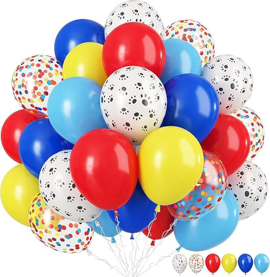 Dog Paw Balloons, 12 Inch Carnival Circus Balloons Red Yellow Blue and White Paw Print Puppy Balloons Colorful Confetti Latex Balloon for Dog Themed Birthday Party Decorations