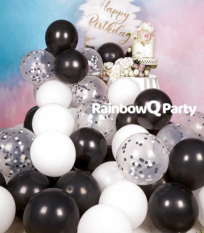 Metallic Shiny Black and White Balloons 12 Inch 67PCS White Black Confetti Balloons Latex Helium Balloon Set for Graduation Anniversary Birthday Party Decorations