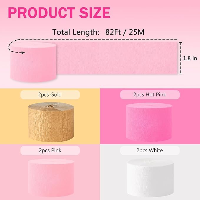 Pink Streamers Party Decorations, 8 Rolls 656ft Pink and Gold Crepe Paper Streamers for Wedding, Bridal Shower, Baby Shower, Birthday, Valentines Day, Bachelorette, Girl Party Backdrop Decorations