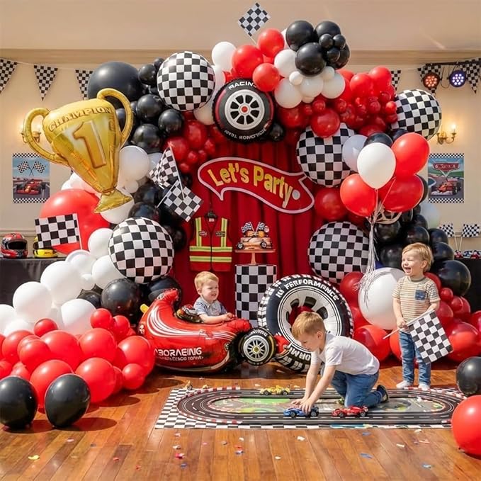 Race Car Balloons Arch Kit -Trophy, Flags, Cars, Tire, Checkered, Wheels and Red Black White Balloon Garland Kit for Racing Car Theme Two Fast 2nd One Theme 1st Boy Birthday Party Decorations
