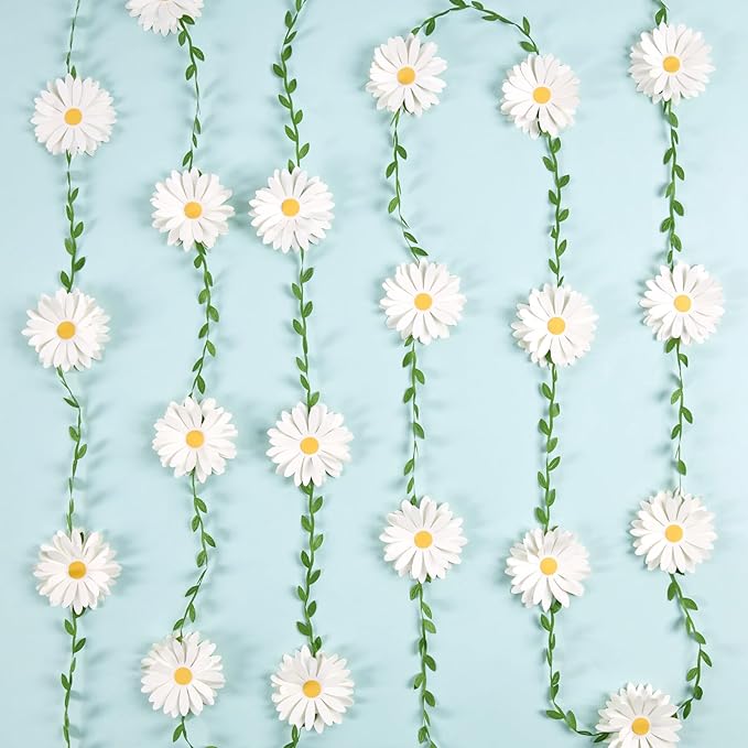 2PCS Daisy Flower Garlands, Daisy Banner Garland White Flower Hanging Garland Banner Groovy Hippie Boho Birthday Decorations for Nursery Wedding Decor