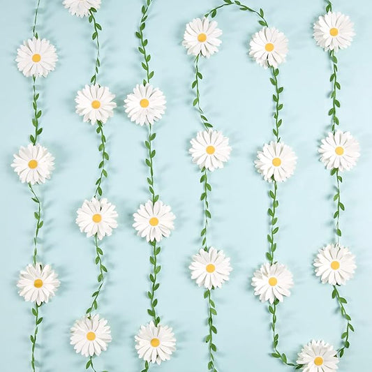 2PCS Daisy Flower Garlands, Daisy Banner Garland White Flower Hanging Garland Banner Groovy Hippie Boho Birthday Decorations for Nursery Wedding Decor