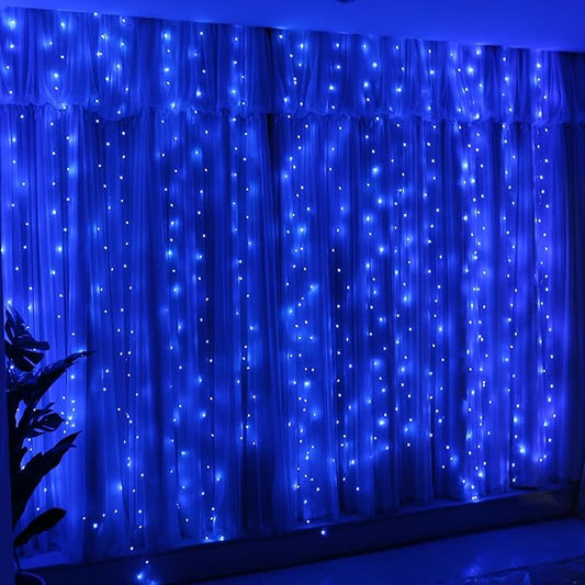 HXWEIYE 300LED Fairy Curtain Lights, 9.8x9.8Ft USB Plug-in 8 Modes Christmas String Hanging Lights with Remote for Bedroom Backdrop Wedding Indoor Wall Decor, Blue, Standard – 1 Pack