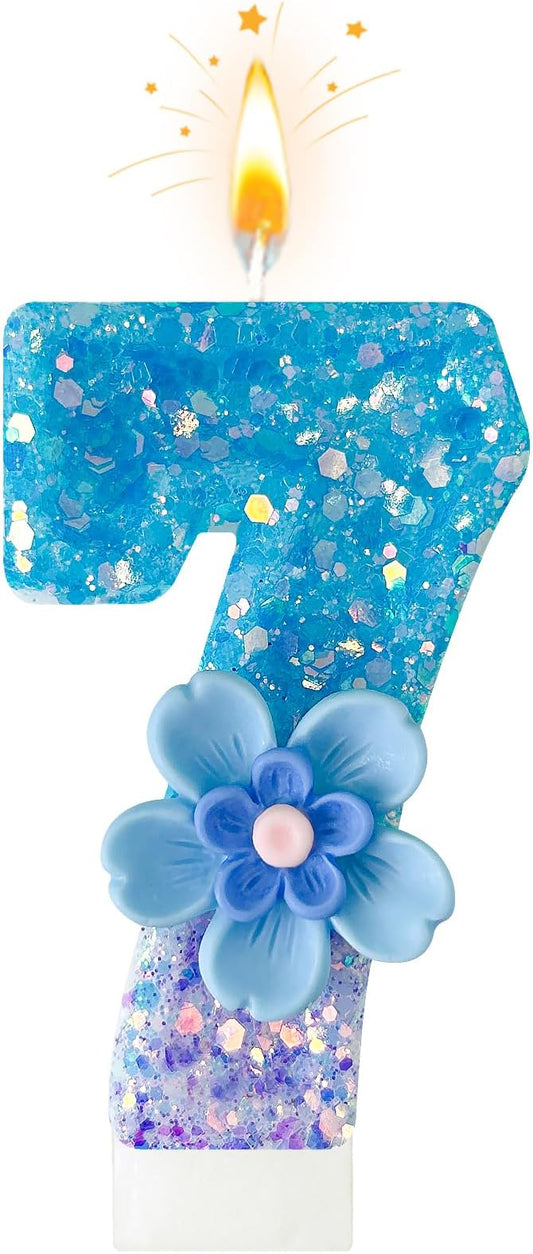 Blue Purple Flower Birthday Number Candles, Flower Theme Party Decorations, Cupcake Decorations, Suitable for Party Celebrations, Boys and Girls Birthday Decorations（7）