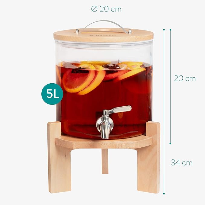 Navaris Beverage Dispenser with Stand - 1.3 Gallon (5L) Glass Drink Dispenser with Stainless Steel Spigot - Drinks Water Parties - Natural Beech Wood